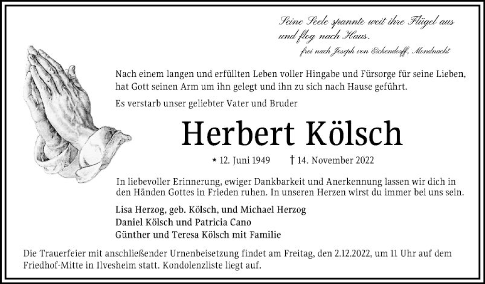  Traueranzeige für Herbert Kölsch vom 26.11.2022 aus Mannheimer Morgen