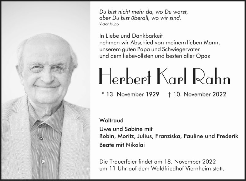  Traueranzeige für Herbert Karl Rahn vom 15.11.2022 aus Mannheimer Morgen