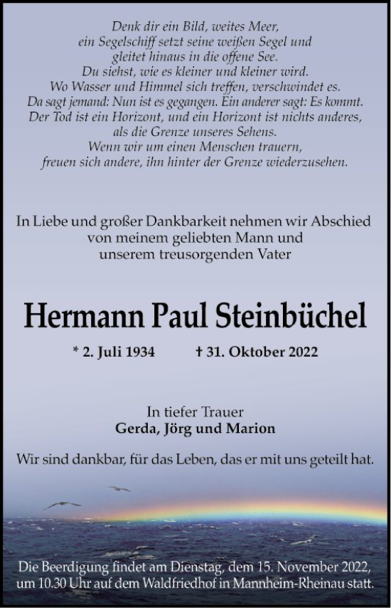 Traueranzeige von Hermann Paul Steinbüchel von Mannheimer Morgen