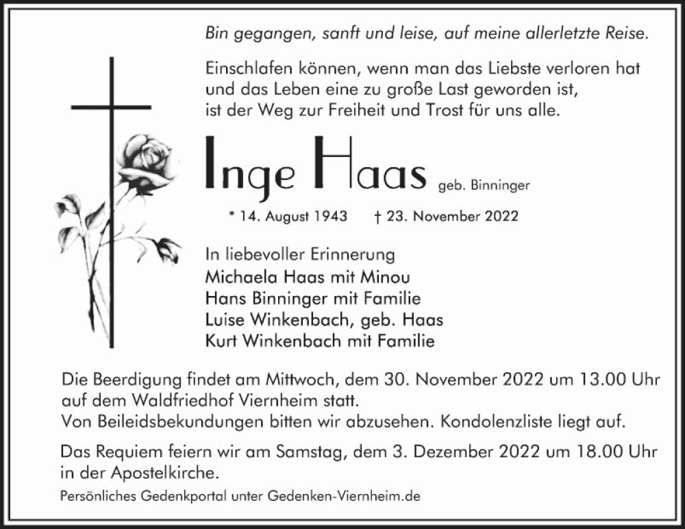 Traueranzeige für Inge Haas vom 26.11.2022 aus Mannheimer Morgen