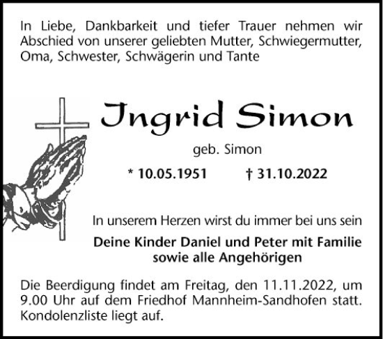 Traueranzeige von Ingrid Simon von Mannheimer Morgen