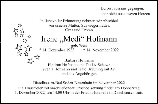 Traueranzeige von Irene Hofmann von Fränkische Nachrichten