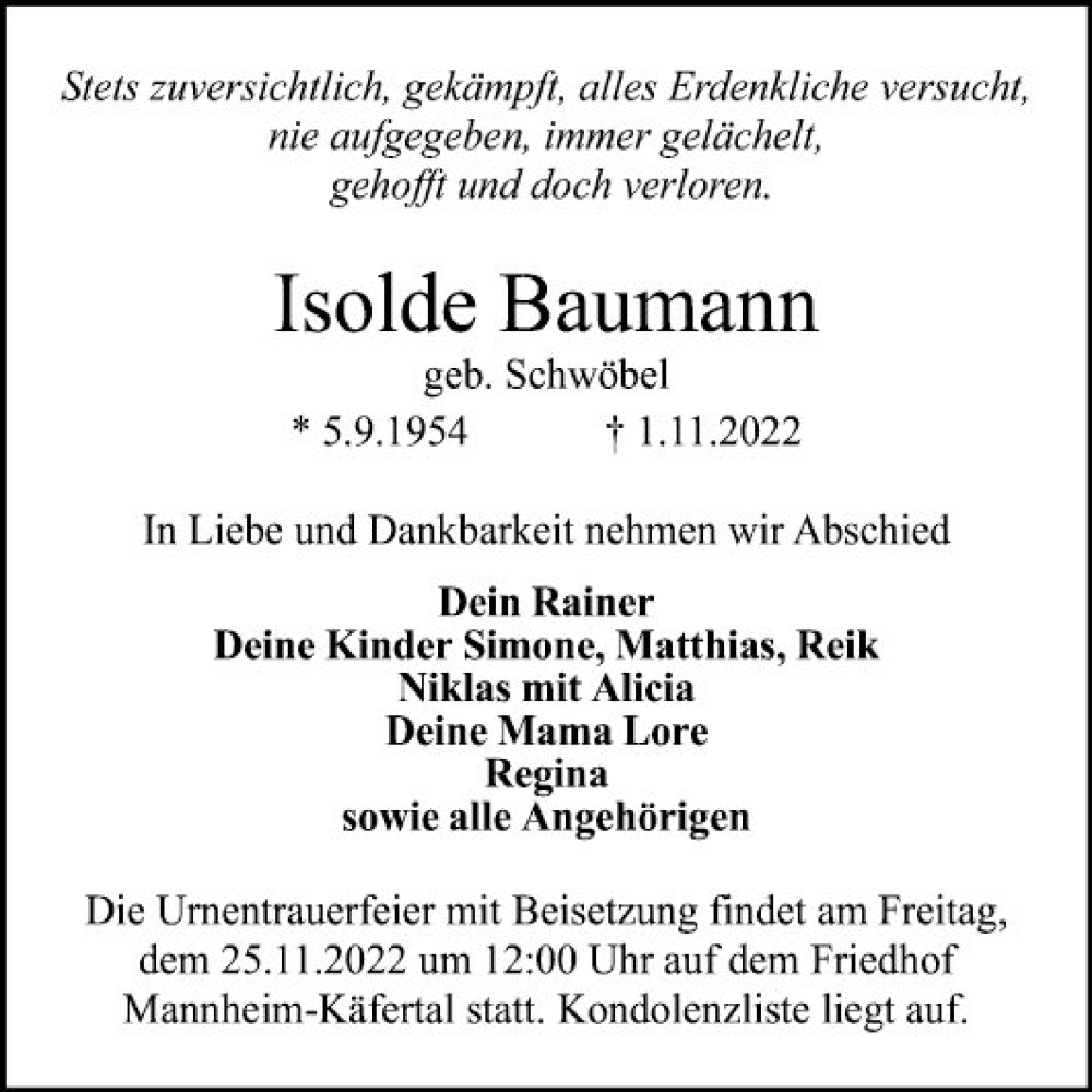  Traueranzeige für Isolde Baumann vom 12.11.2022 aus Mannheimer Morgen