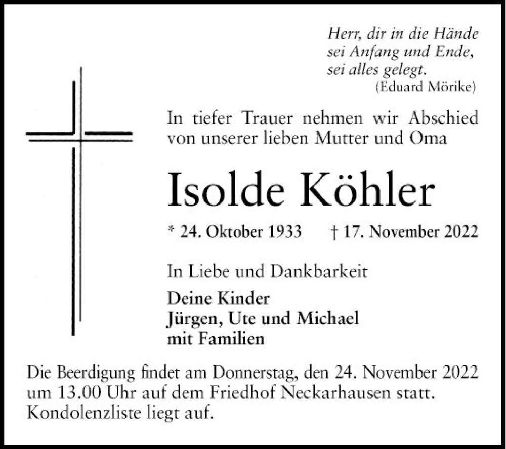  Traueranzeige für Isolde Köhler vom 19.11.2022 aus Mannheimer Morgen