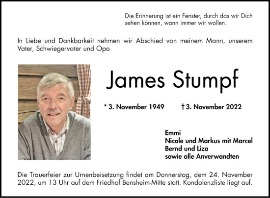Traueranzeige von James Stumpf von Bergsträßer Anzeiger
