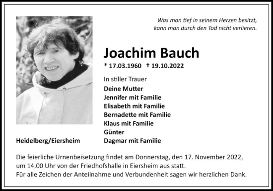 Traueranzeige von Joachim Bauch von Fränkische Nachrichten