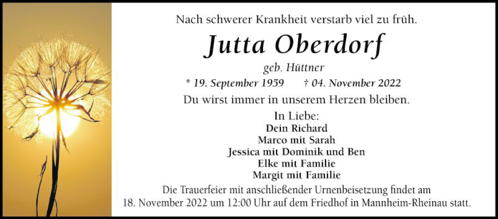  Traueranzeige für Jutta Oberdorf vom 12.11.2022 aus Mannheimer Morgen