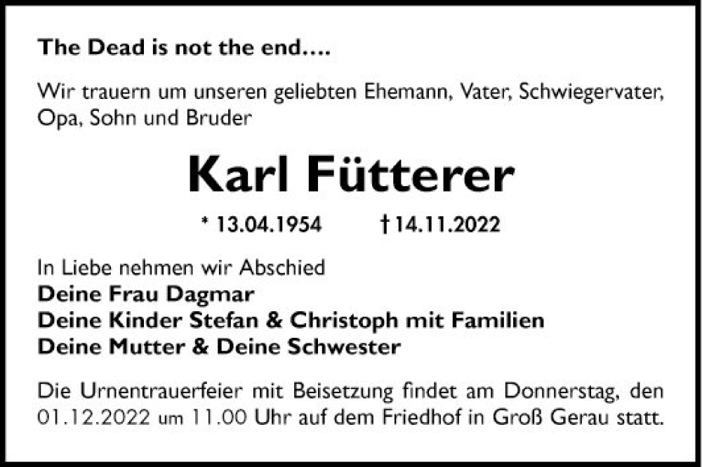  Traueranzeige für Karl Fütterer vom 26.11.2022 aus Mannheimer Morgen