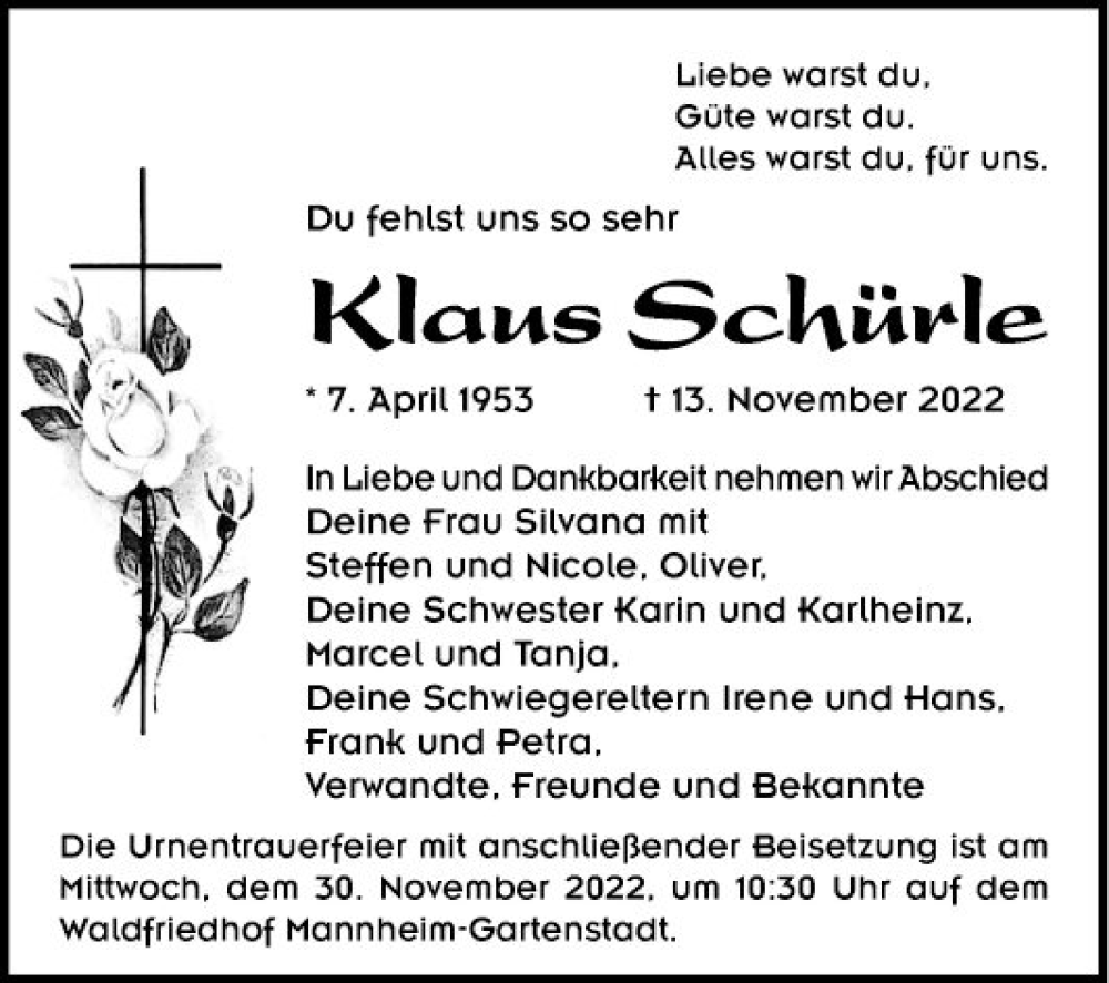  Traueranzeige für Klaus Schürle vom 26.11.2022 aus Mannheimer Morgen