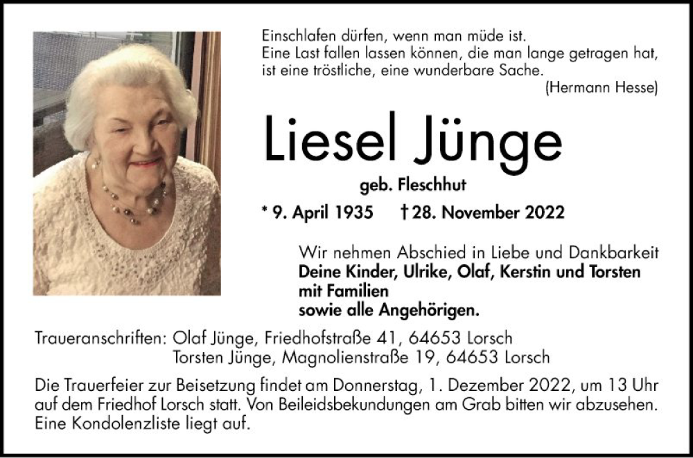  Traueranzeige für Liesel Jünge vom 30.11.2022 aus Bergsträßer Anzeiger