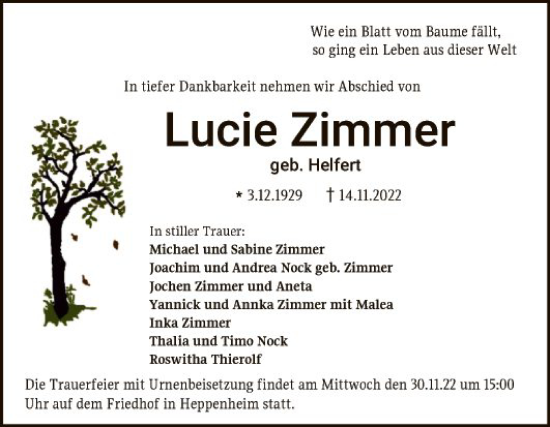 Traueranzeige von Lucie Zimmer von Bergsträßer Anzeiger