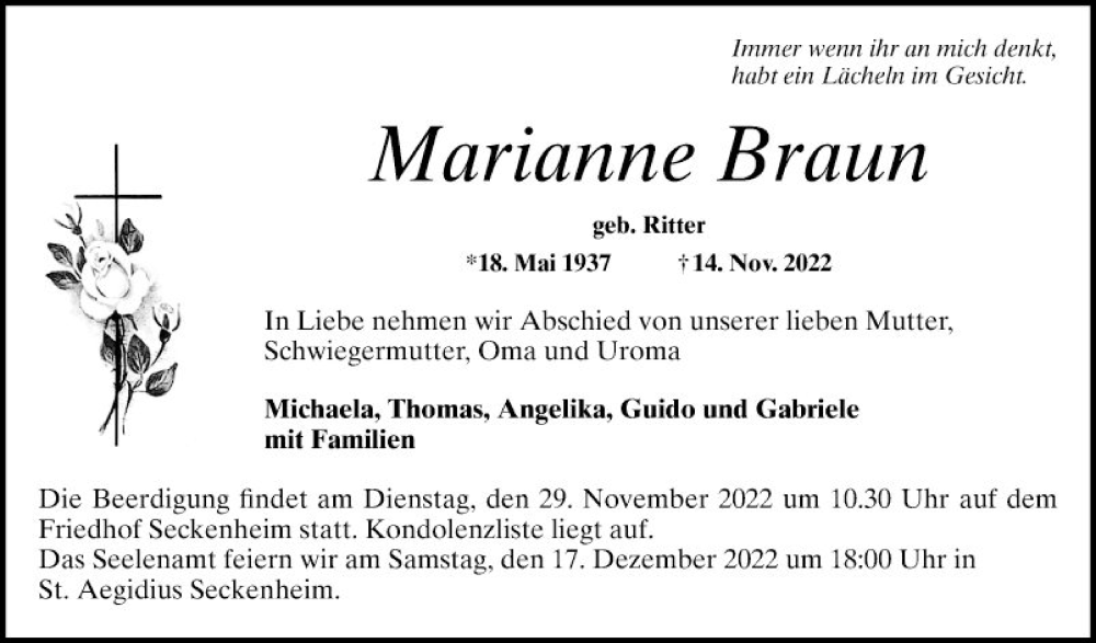  Traueranzeige für Marianne Braun vom 26.11.2022 aus Mannheimer Morgen