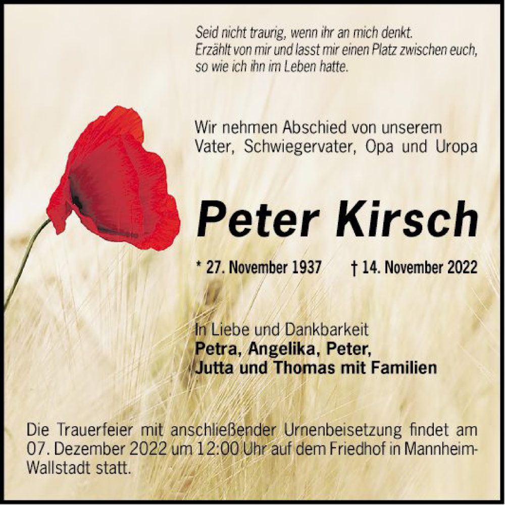  Traueranzeige für Peter Kirsch vom 26.11.2022 aus Mannheimer Morgen