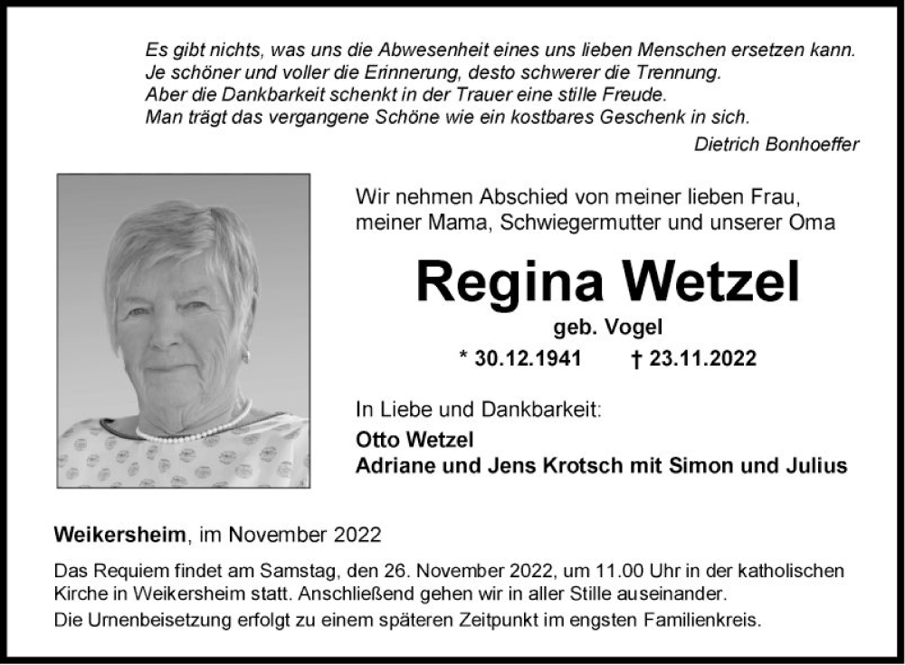  Traueranzeige für Regina Wetzel vom 25.11.2022 aus Fränkische Nachrichten