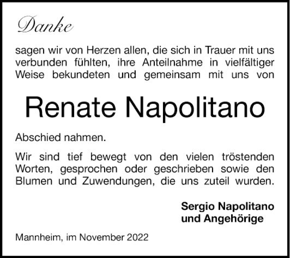 Traueranzeige für Renate Napolitano vom 12.11.2022 aus Mannheimer Morgen