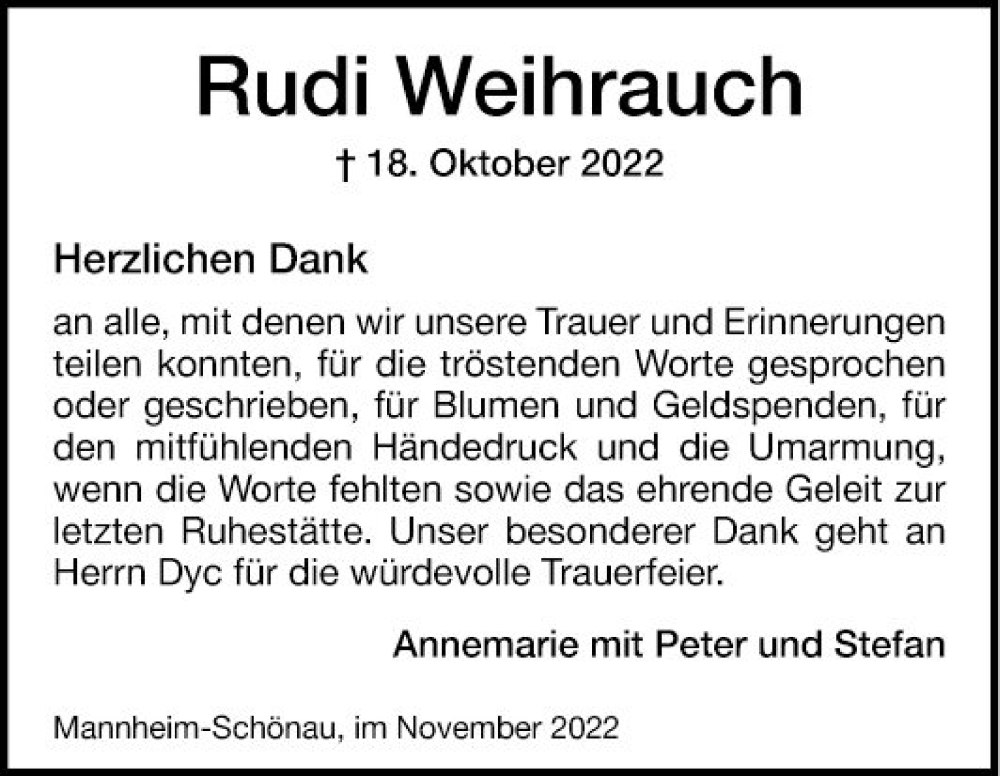  Traueranzeige für Rudi Weihrauch vom 12.11.2022 aus Mannheimer Morgen