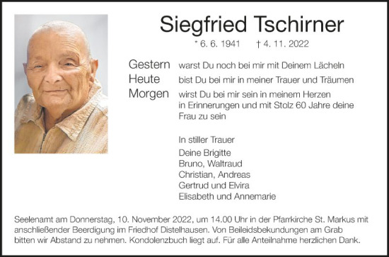 Traueranzeige von Siegfried Tschirner von Fränkische Nachrichten