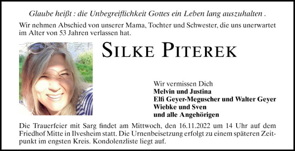  Traueranzeige für Silke Piterek vom 12.11.2022 aus Mannheimer Morgen