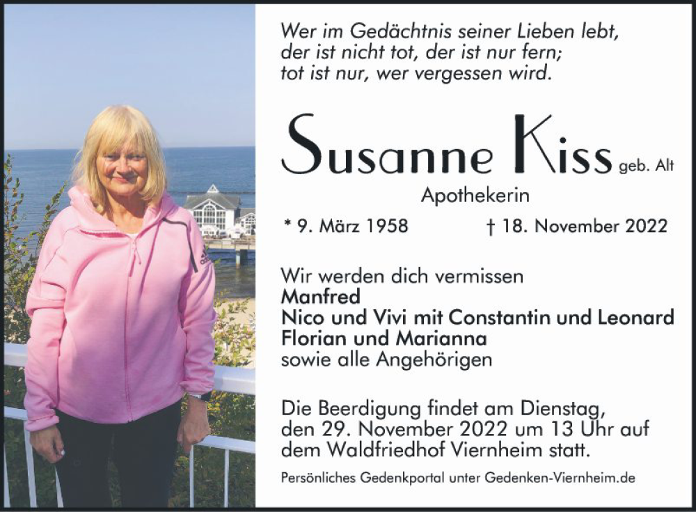 Traueranzeige für Susanne Kiss vom 25.11.2022 aus Mannheimer Morgen