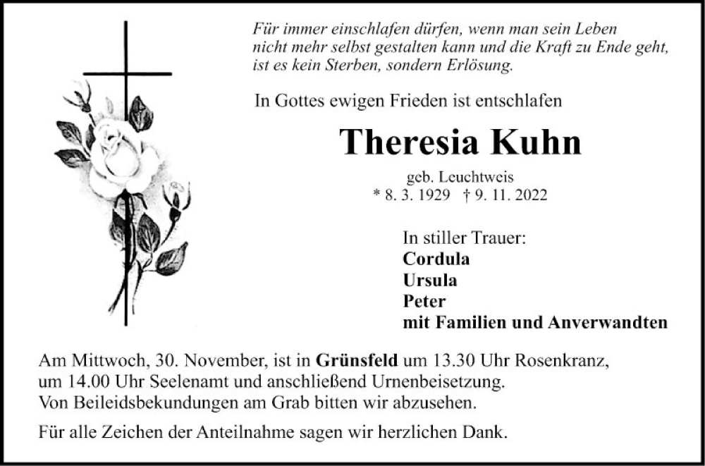  Traueranzeige für Theresia Kuhn vom 24.11.2022 aus Fränkische Nachrichten