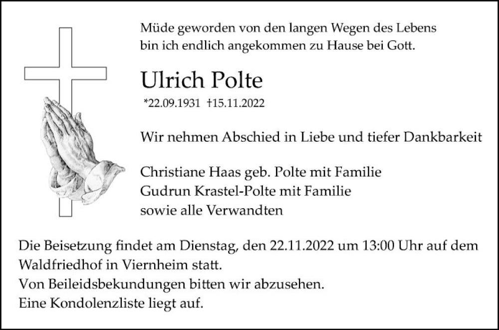  Traueranzeige für Ulrich Polte vom 19.11.2022 aus Mannheimer Morgen