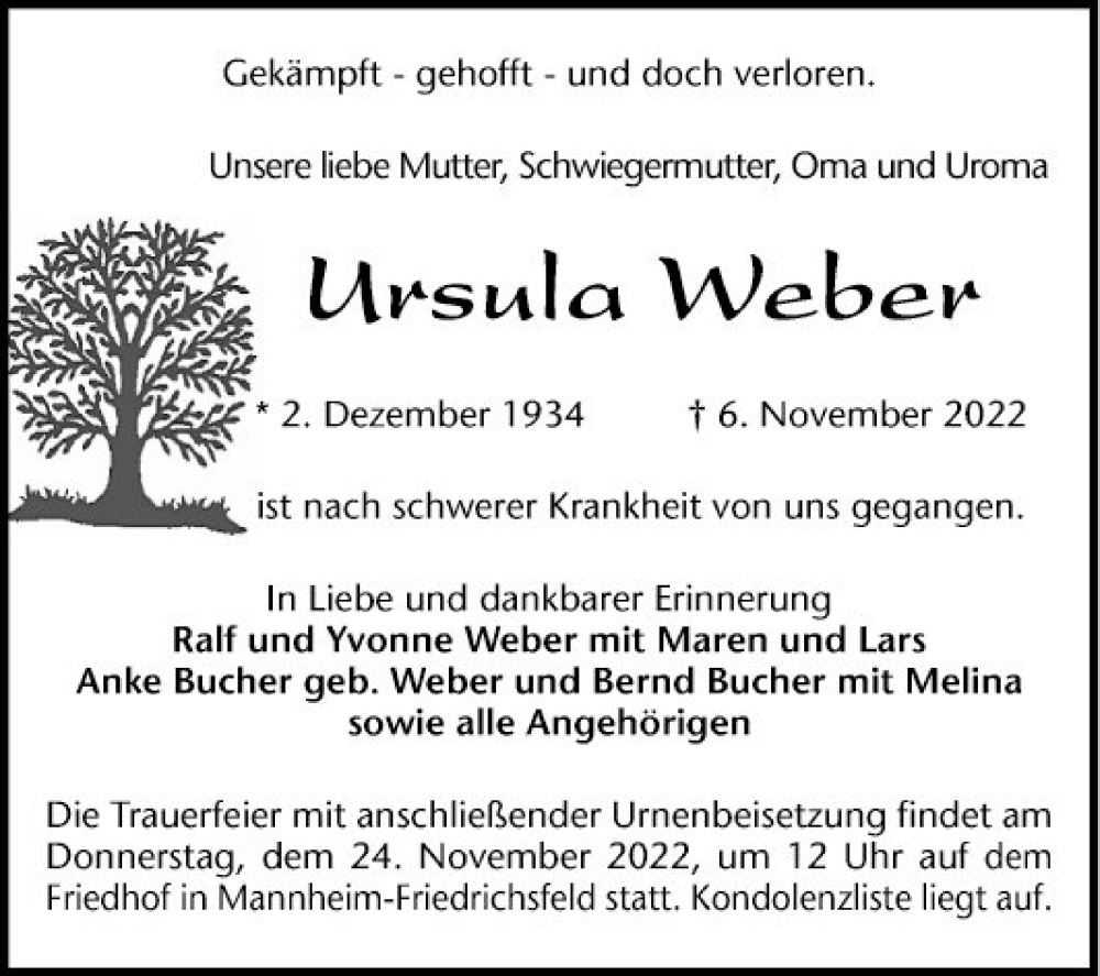  Traueranzeige für Urssula Weber vom 12.11.2022 aus Mannheimer Morgen