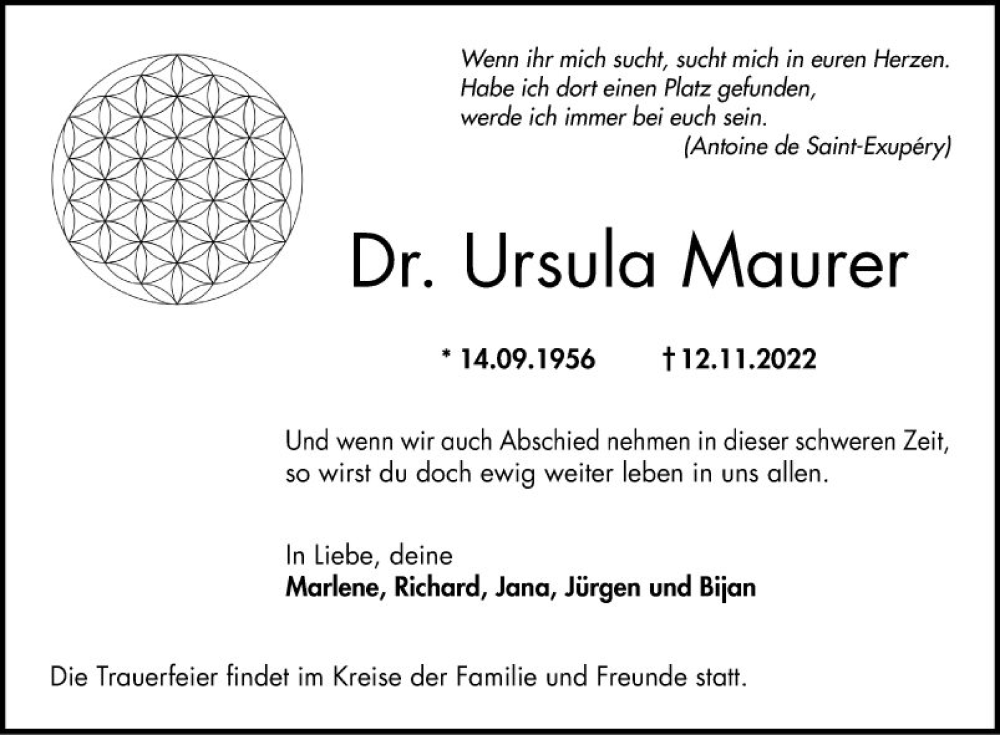  Traueranzeige für Ursula Maurer vom 21.11.2022 aus Bergsträßer Anzeiger