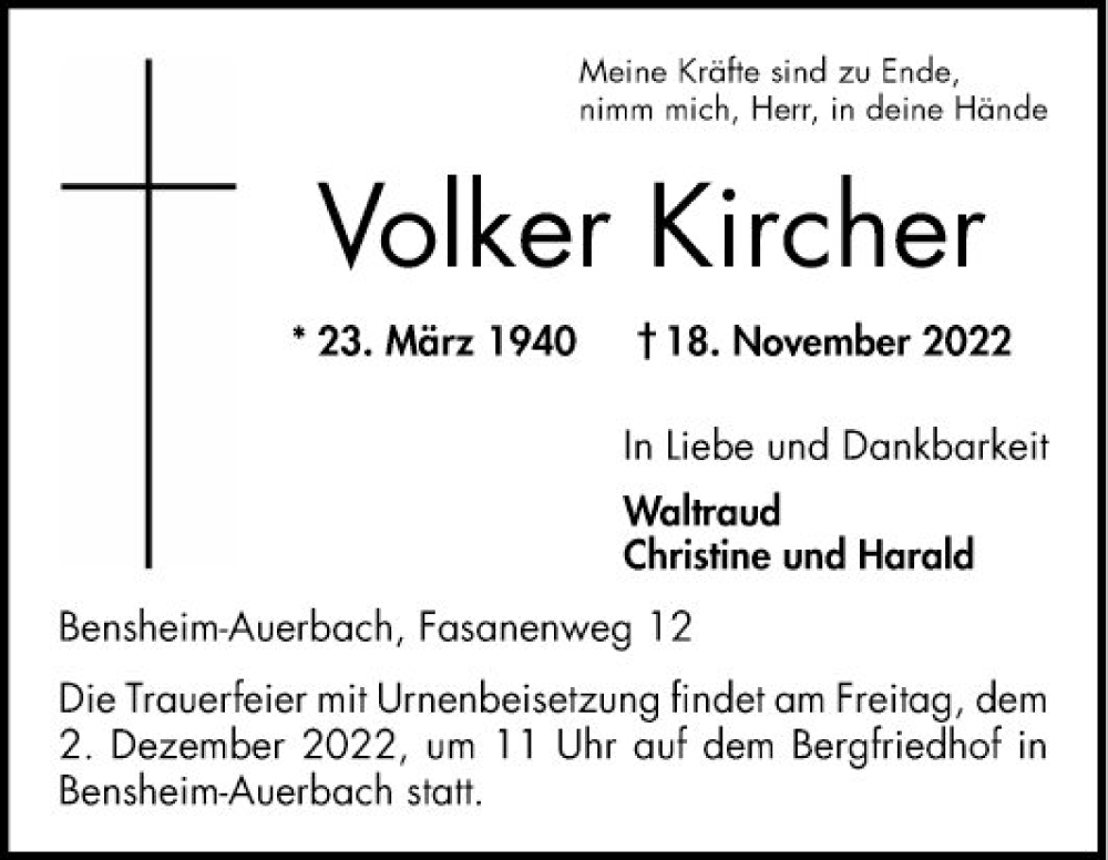  Traueranzeige für Volker Kircher vom 26.11.2022 aus Bergsträßer Anzeiger