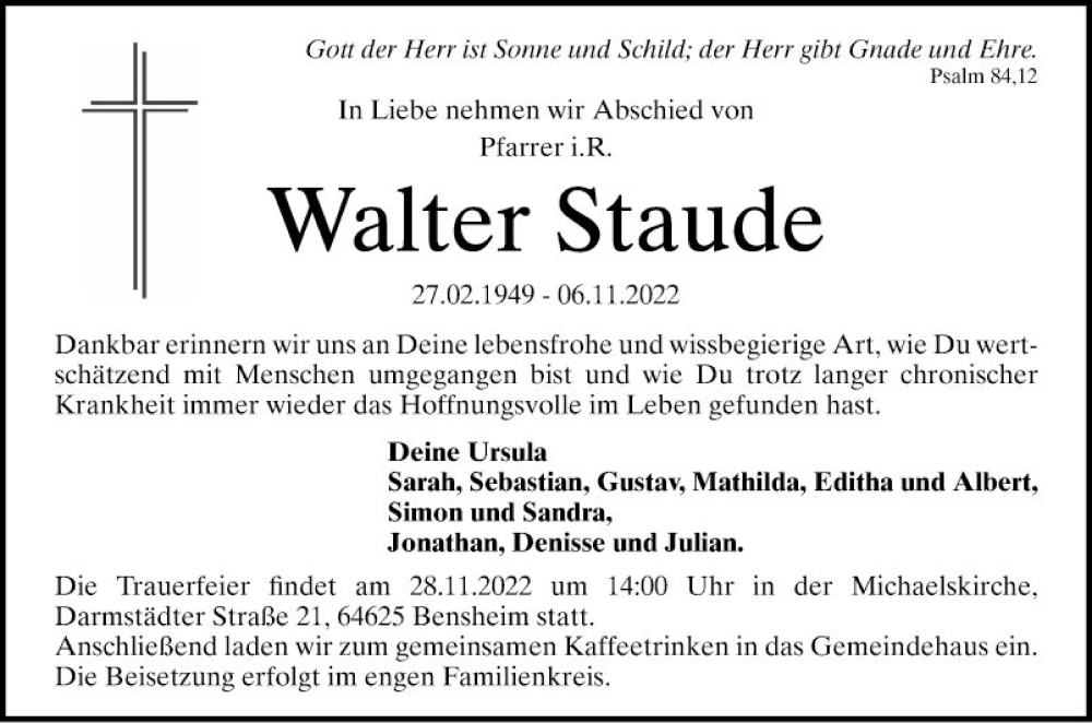  Traueranzeige für Walter Staude vom 19.11.2022 aus Bergsträßer Anzeiger