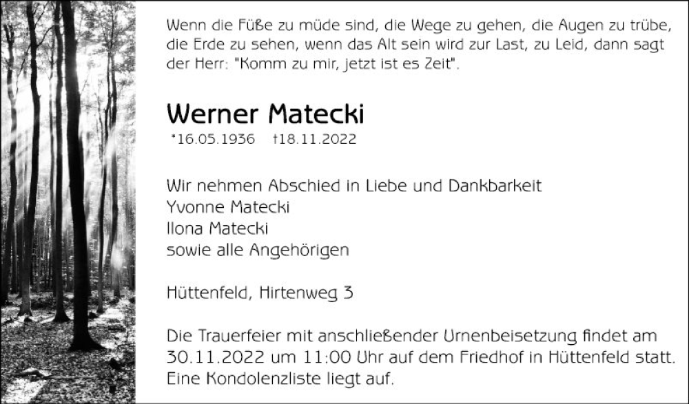  Traueranzeige für Werner Matecki vom 26.11.2022 aus Mannheimer Morgen