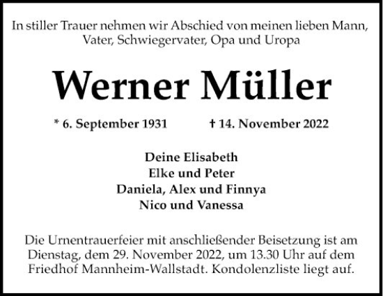 Traueranzeige von Werner Müller von Mannheimer Morgen