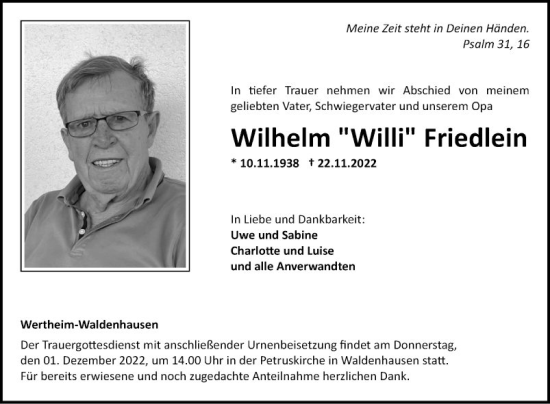 Traueranzeige von Wilhelm Friedlein von Fränkische Nachrichten