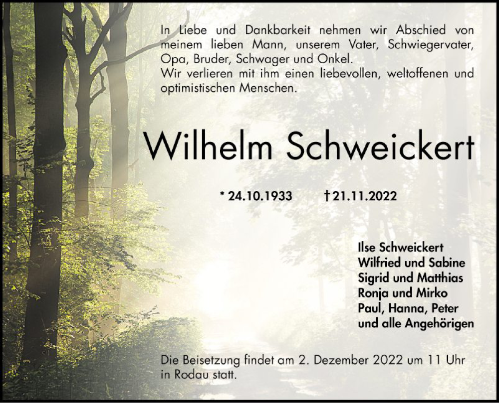  Traueranzeige für Wilhelm Schweickert vom 26.11.2022 aus Bergsträßer Anzeiger