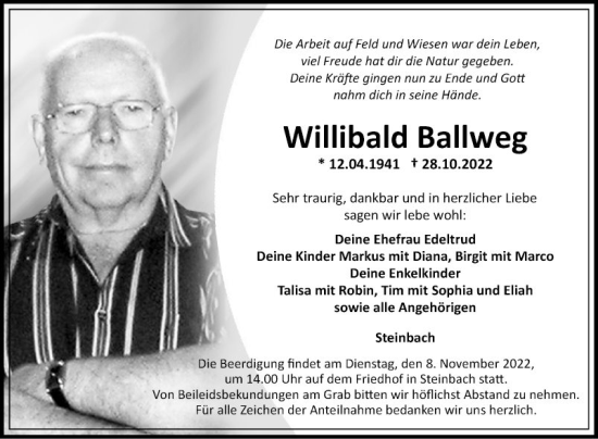 Traueranzeige von Willibald Ballweg von Fränkische Nachrichten
