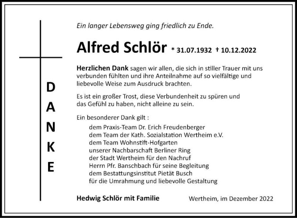  Traueranzeige für Alfred Schlör vom 23.12.2022 aus Fränkische Nachrichten