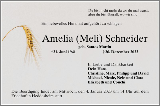 Traueranzeige von Amelia Schneider von Mannheimer Morgen