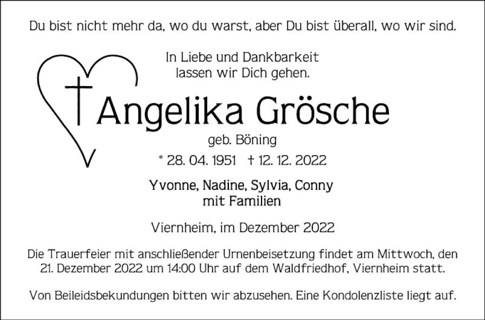  Traueranzeige für Angelika Grösche vom 17.12.2022 aus Mannheimer Morgen