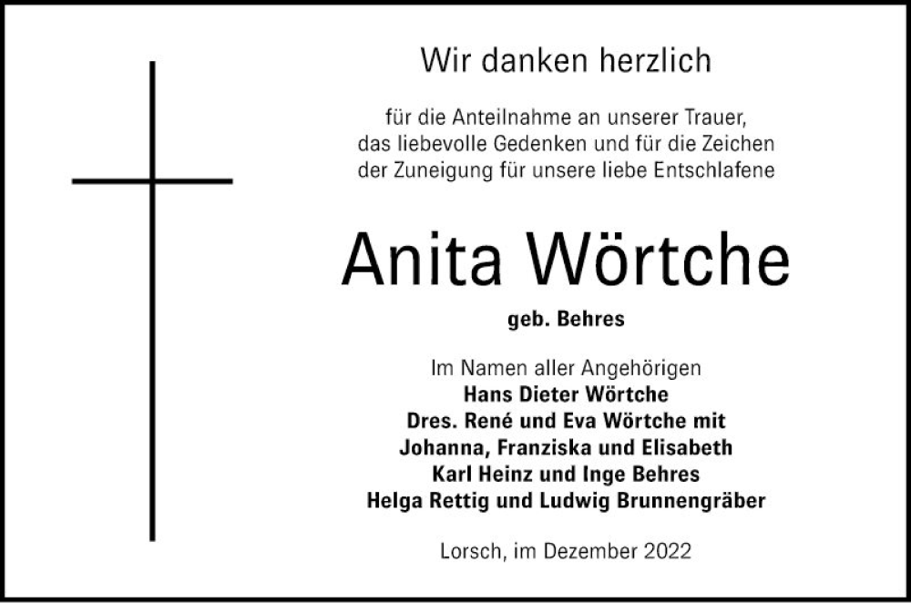  Traueranzeige für Anita Wörtche vom 17.12.2022 aus Bergsträßer Anzeiger