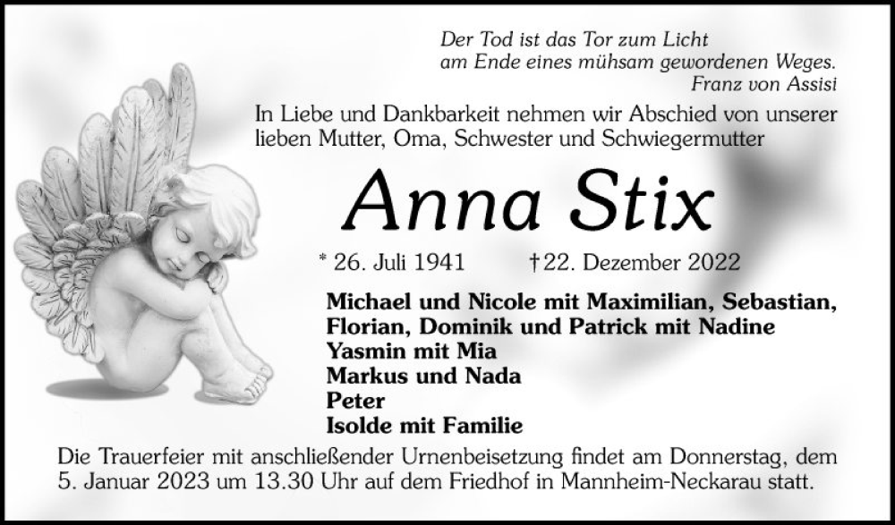  Traueranzeige für Anna Stix vom 31.12.2022 aus Mannheimer Morgen
