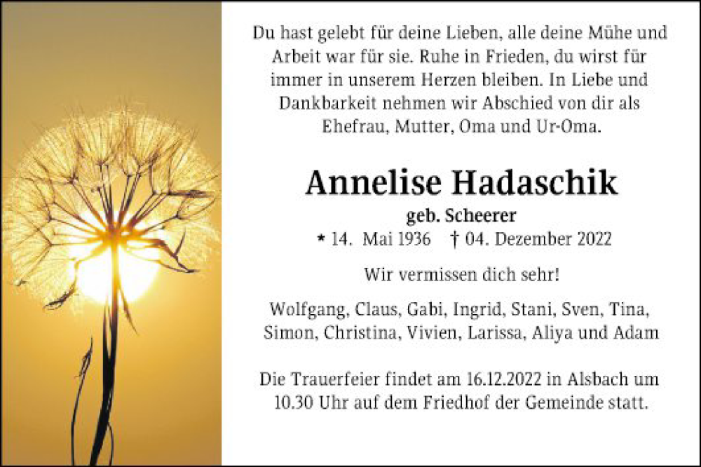  Traueranzeige für Annelise Hadaschik vom 10.12.2022 aus Bergsträßer Anzeiger