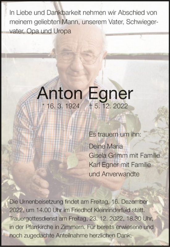 Traueranzeige von Anton Egner von Fränkische Nachrichten