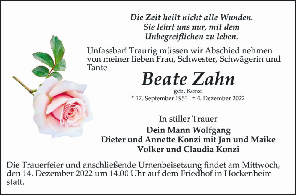  Traueranzeige für Beate Zahn vom 10.12.2022 aus Schwetzinger Zeitung