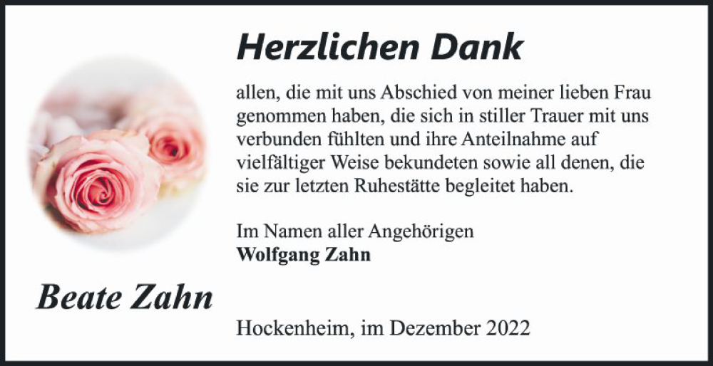  Traueranzeige für Beate Zahn vom 30.12.2022 aus Schwetzinger Zeitung