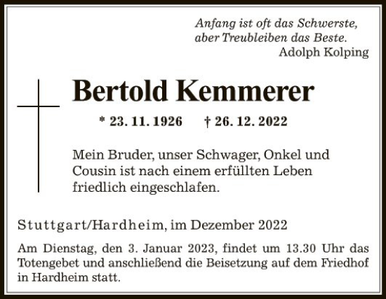 Traueranzeige von Bertold Kemmerer von Fränkische Nachrichten