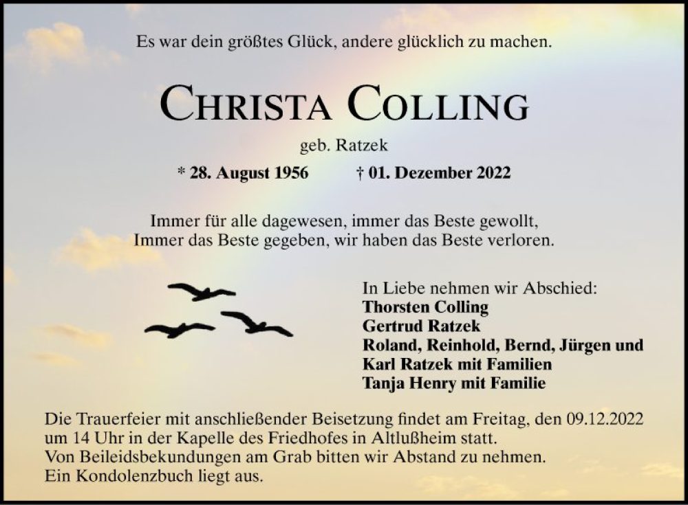  Traueranzeige für Christa Colling vom 07.12.2022 aus Schwetzinger Zeitung