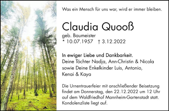 Traueranzeige von Claudia Quooß von Mannheimer Morgen