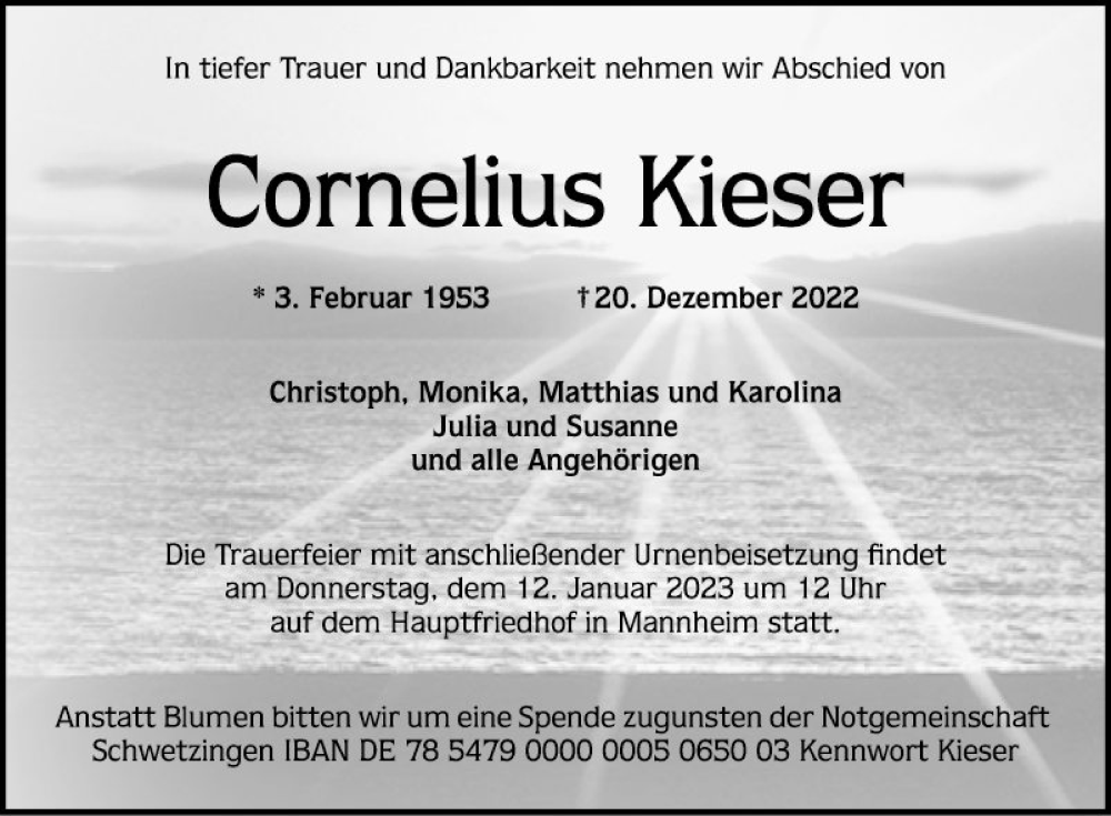  Traueranzeige für Cornelius Kieser vom 31.12.2022 aus Schwetzinger Zeitung