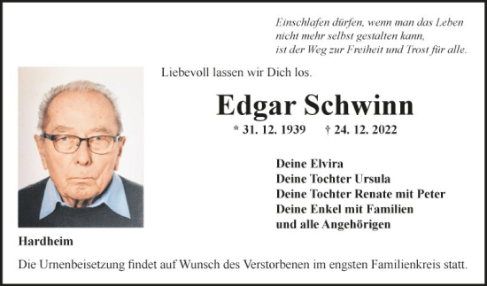 Traueranzeige von Edgar Schwinn von Fränkische Nachrichten