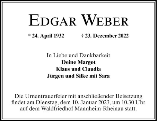 Traueranzeige von Edgar Weber von Mannheimer Morgen