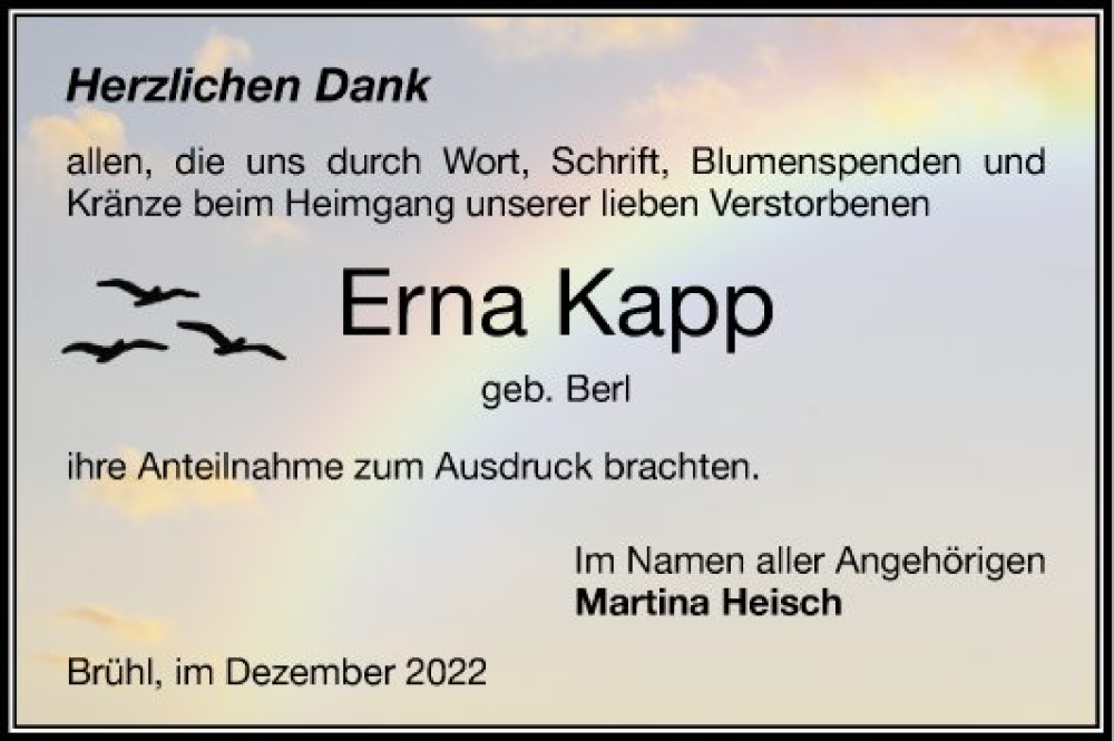  Traueranzeige für Erna Kapp vom 03.12.2022 aus Schwetzinger Zeitung
